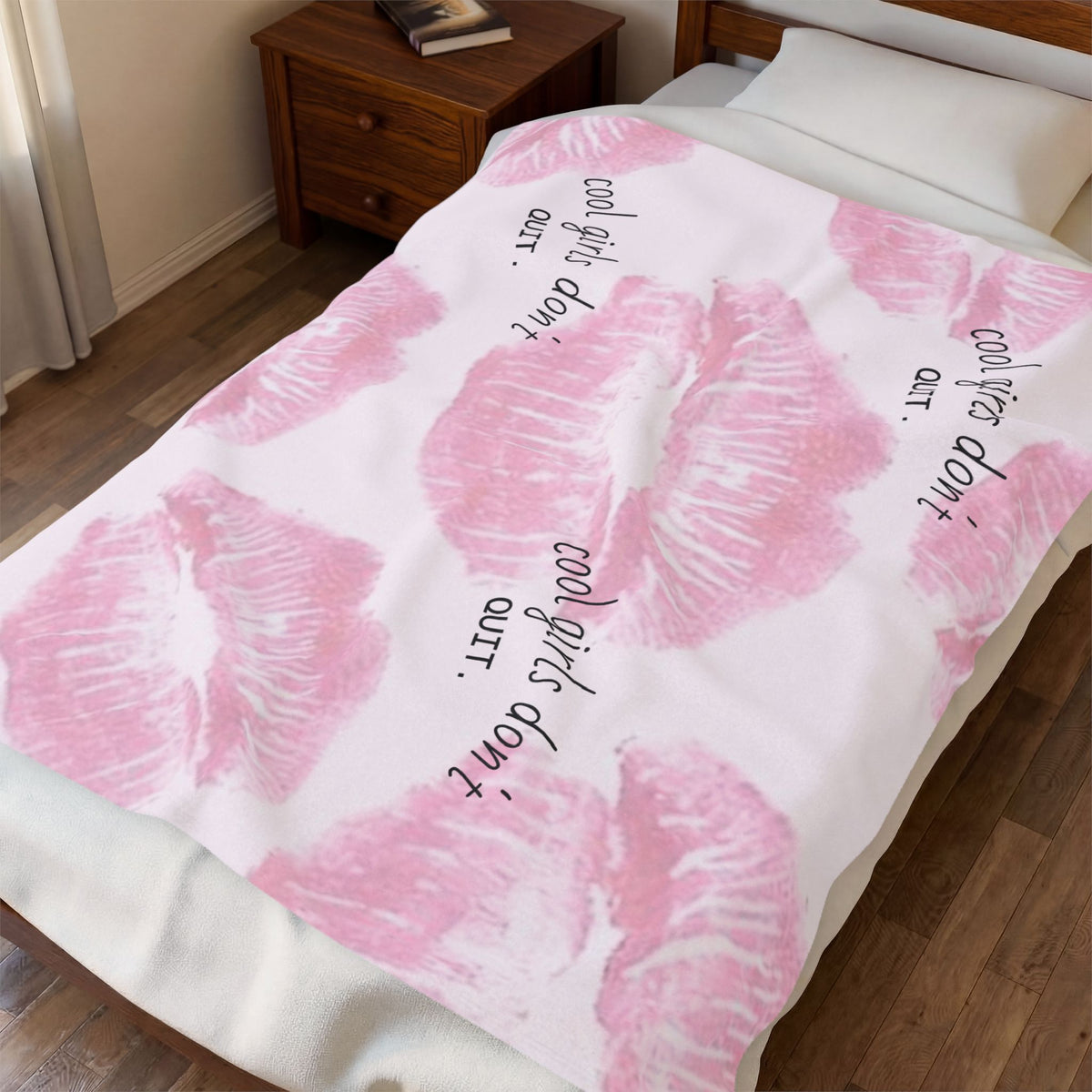 Velveteen Plush Blanket - Pink Kiss Print "cool girls don&