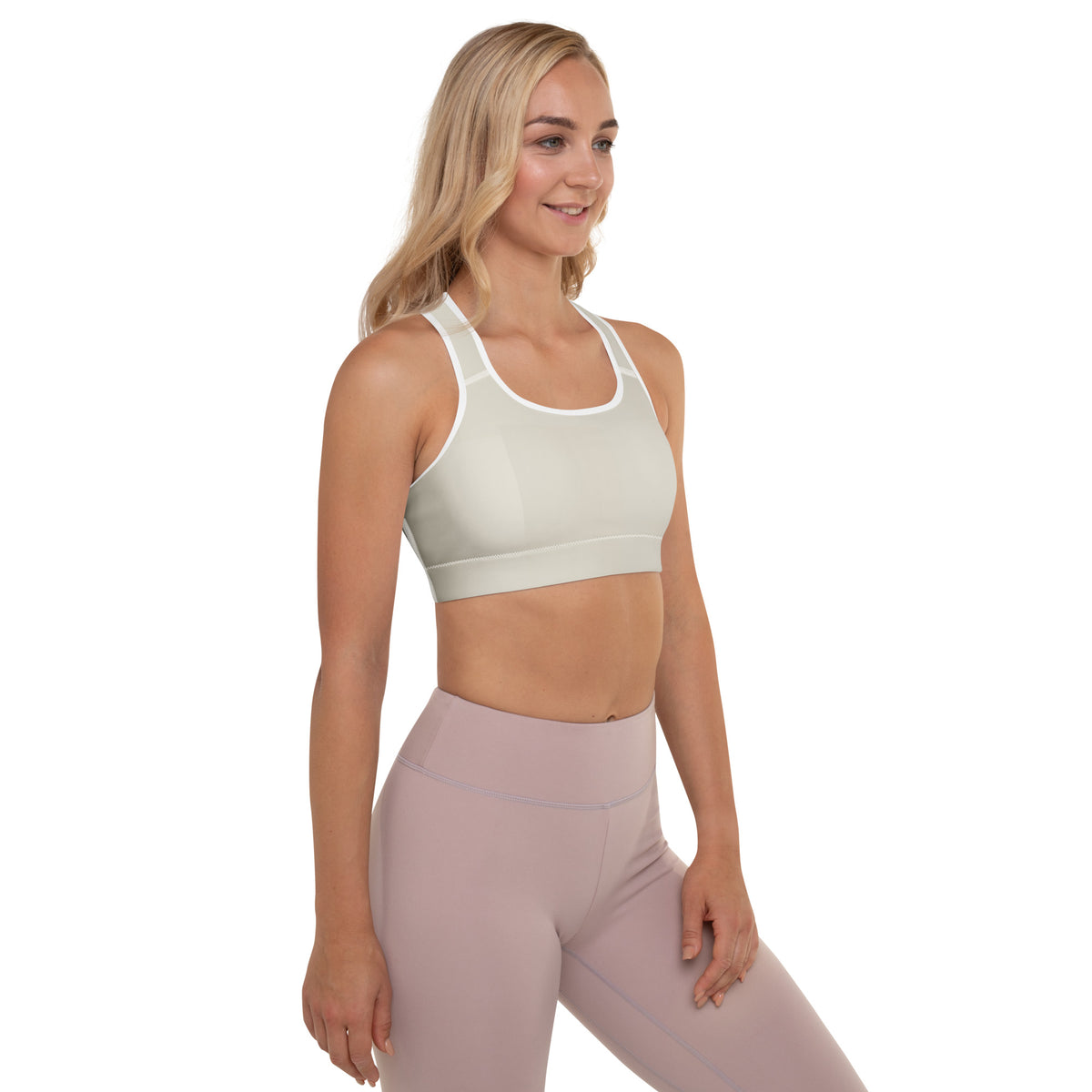 Beige Padded Sports Bra Set Do It for the Plot, back view on model wearing matching workout leggings.