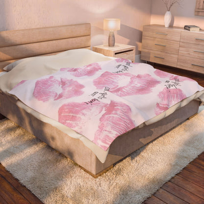 Velveteen Plush Blanket - Pink Kiss Print "cool girls don&