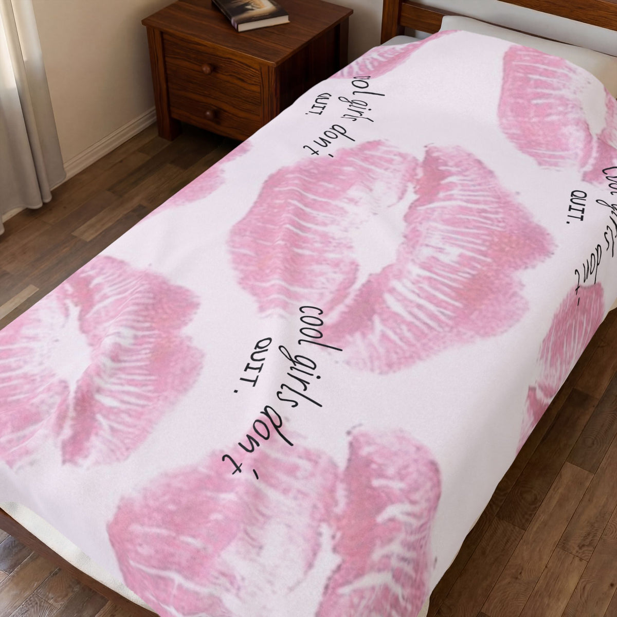 Velveteen Plush Blanket - Pink Kiss Print "cool girls don&