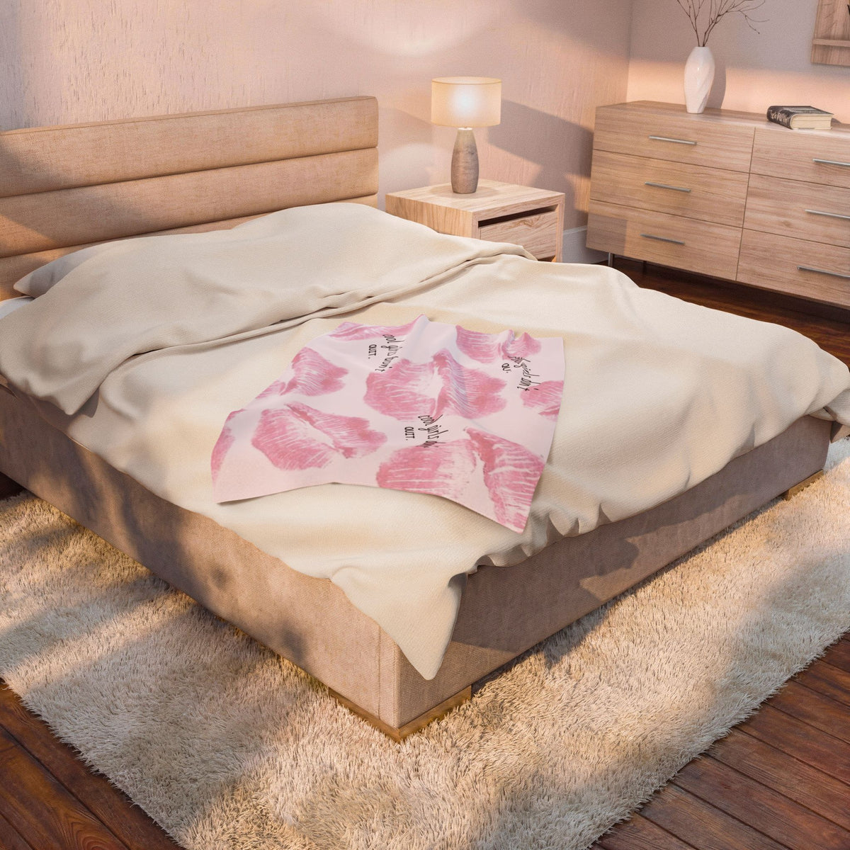 Velveteen Plush Blanket - Pink Kiss Print "cool girls don&