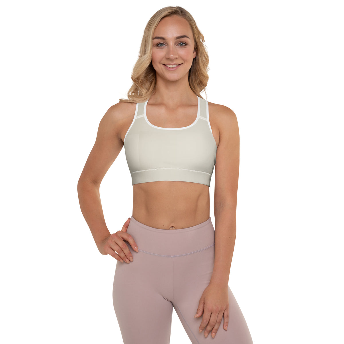 Beige Padded Sports Bra Set Do It for the Plot displayed with workout equipment and sneakers.