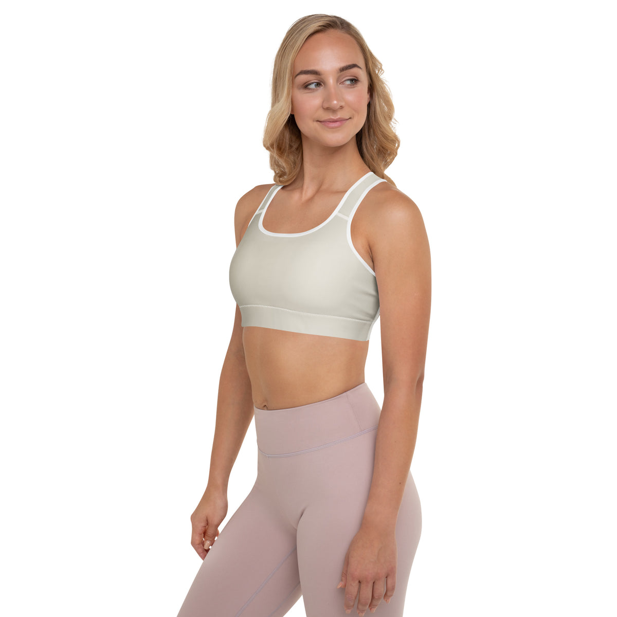 Beige Padded Sports Bra Set Do It for the Plot, back view on model wearing matching workout leggings.
